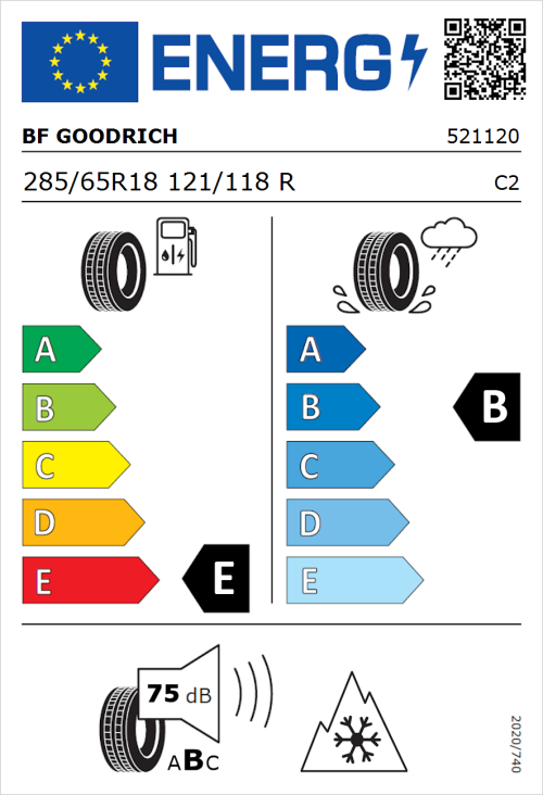 Tyre Label for BF Goodrich All Terrain T/A KO2 RWL 285/65R18 121/118R
