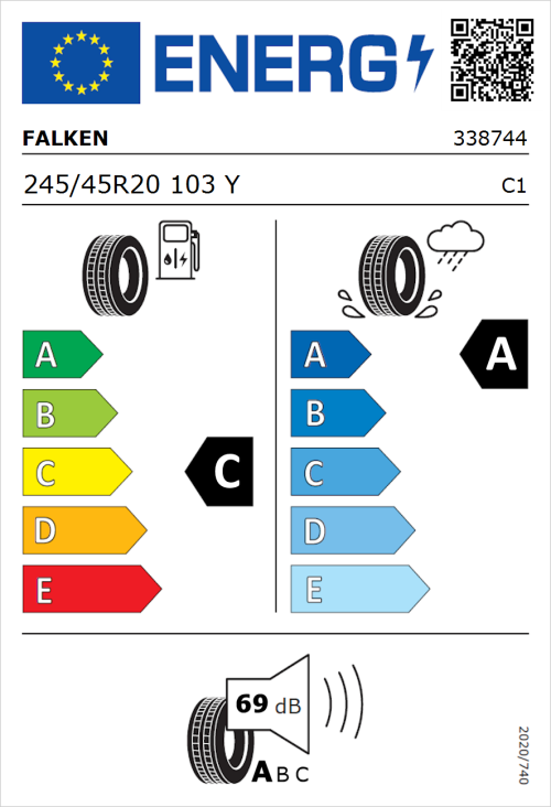 Tyre Label for Falken Azenis FK510 (Toyota) 245/45R20 103Y