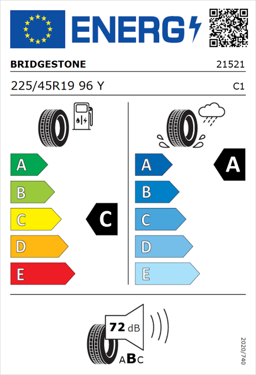 Tyre Label for Bridgestone Potenza Sport 225/45R19 96Y