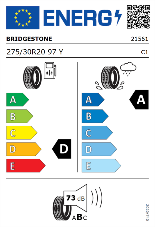 Tyre Label for Bridgestone Potenza Sport 275/30R20 97Y