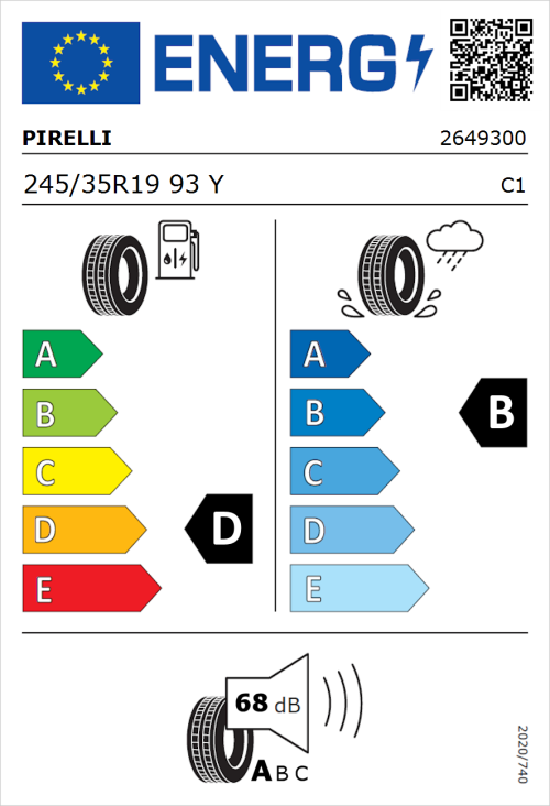Tyre Label for Pirelli P Zero (PNCS) 245/35R19 93Y