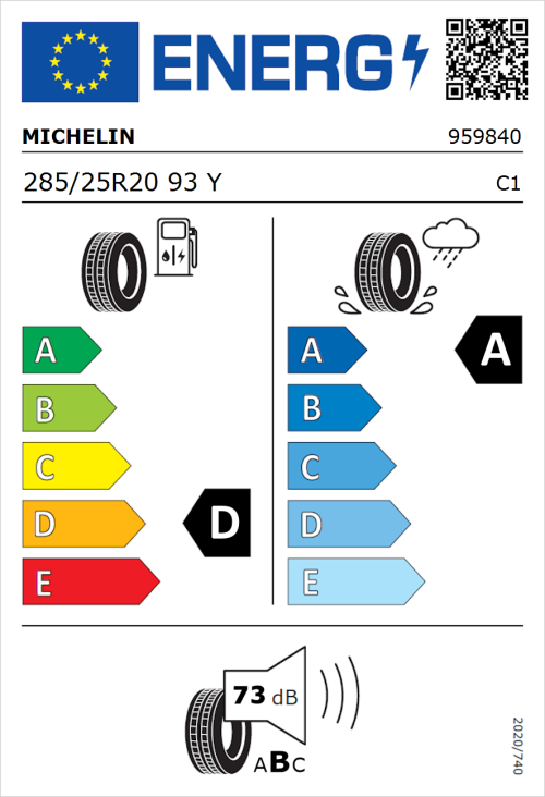 Tyre Label for Michelin Pilot Sport 4 S 285/25R20 93Y