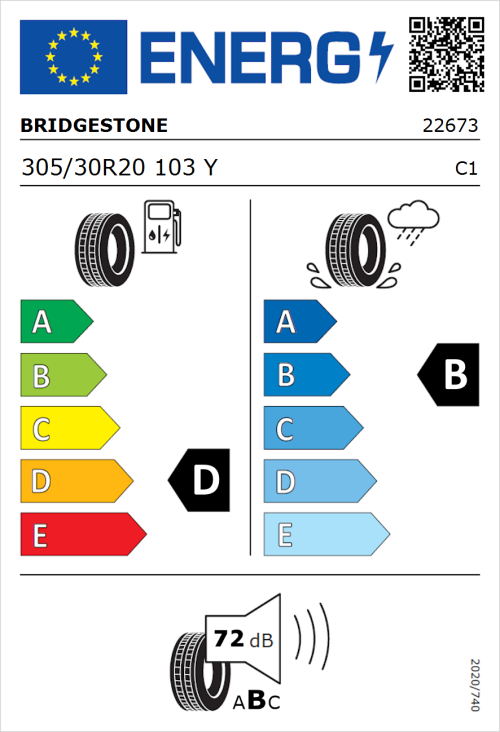 Tyre Label for Bridgestone Potenza Sport 305/30R20 103Y