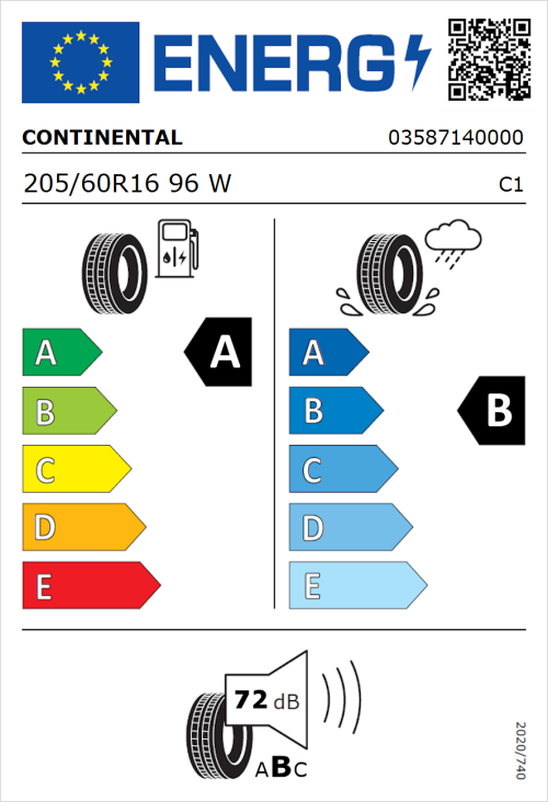 Tyre Label for Continental EcoContact 6 205/60R16 96W