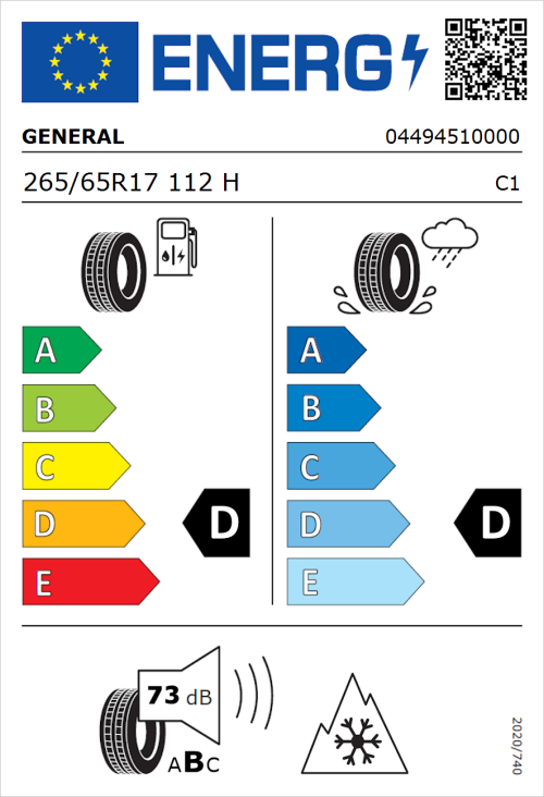 Tyre Label for General Grabber AT 3 265/65R17 112H