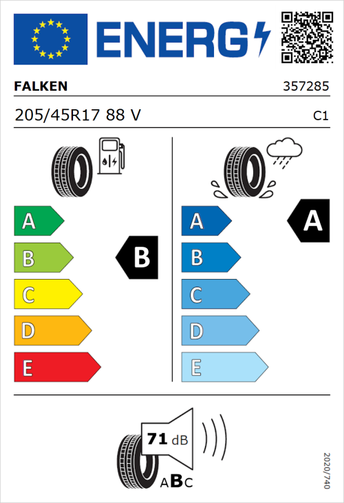 Tyre Label for Falken E.Ziex 205/45R17 88V