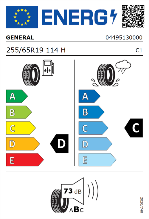 Tyre Label for General Grabber AT 3 255/65R19 114H