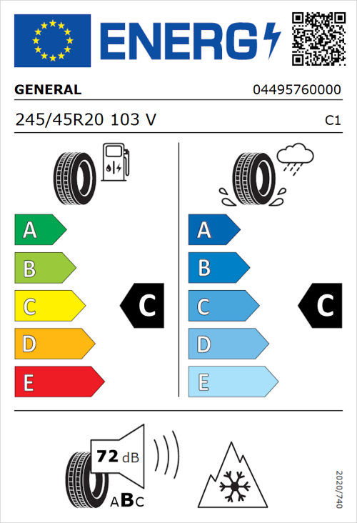 Tyre Label for General Grabber Cross A/S 245/45R20 103V