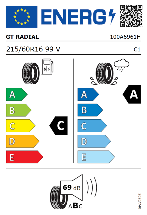 Tyre Label for GT Radial FE2 Evo 215/60R16 99V