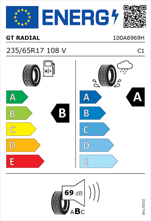 Tyre Label for GT Radial FE2 Evo 235/65R17 108V