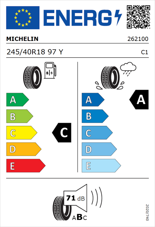Tyre Label for Michelin Primacy 3 (Zero Pressure) 245/40R18 97Y