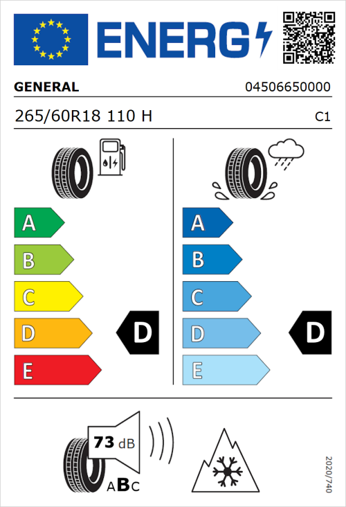 Tyre Label for General Grabber AT 3 265/60R18 110H